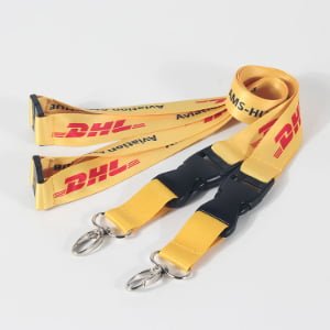 Bulk custom lanyards with colored plastic buckle, heat transfer printed designs for conferences, schools and staff IDs