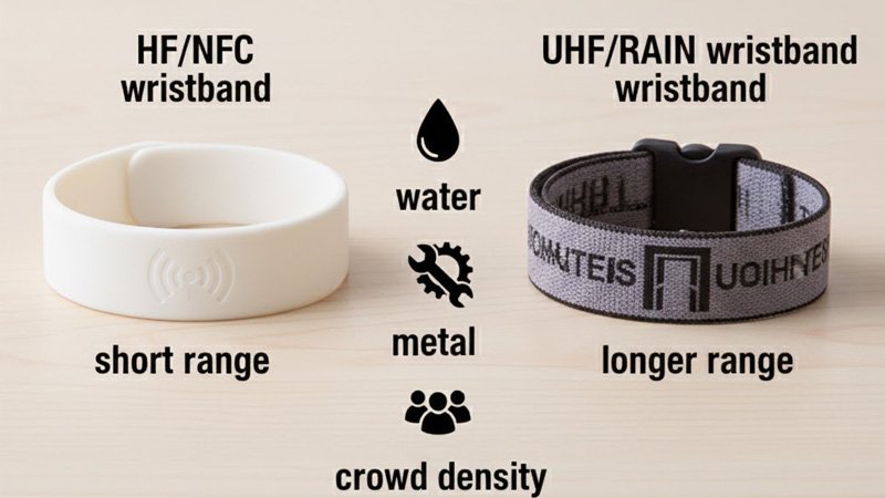 FID frequency comparison showing HF/NFC tap range vs UHF/RAIN longer read range and common interference factors.