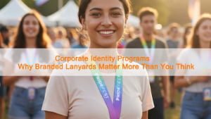 Employee wearing a branded lanyard and ID badge at a corporate reception