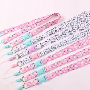 custom patterned lanyards with colored plastic buckles and pastel artwork