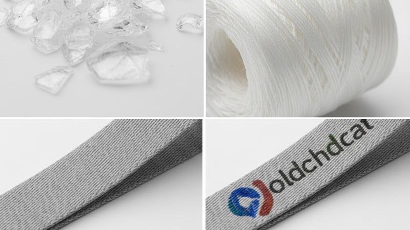 How rPET is made: plastic bottles processed into pellets, yarn, and How rPET is made: plastic bottles processed into pellets, yarn, and woven lanyard webbing