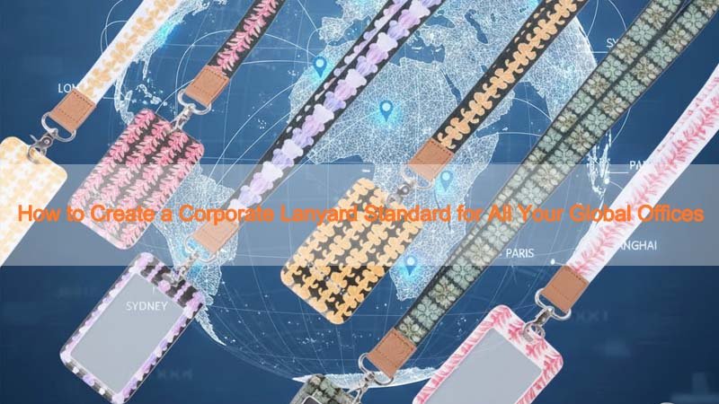 Global corporate lanyard standard across offices with consistent branding, hardware, and color control