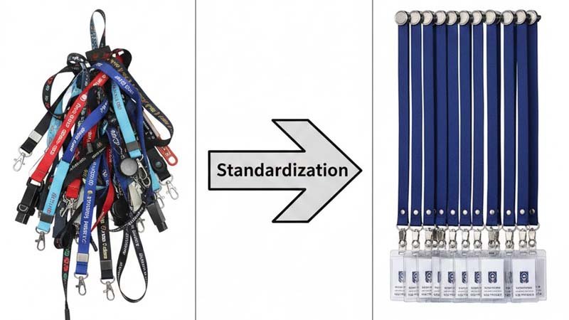 Inconsistent vs standardized corporate lanyards showing why global brand consistency matters
