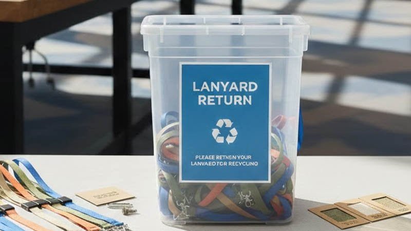 Lanyard take-back and recycling program supporting reuse and circular sourcing