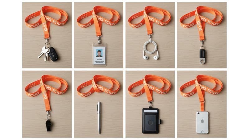 Collage of practical lanyard uses including keys, ID badge holder, USB drive, earbuds, phone strap, and small tools