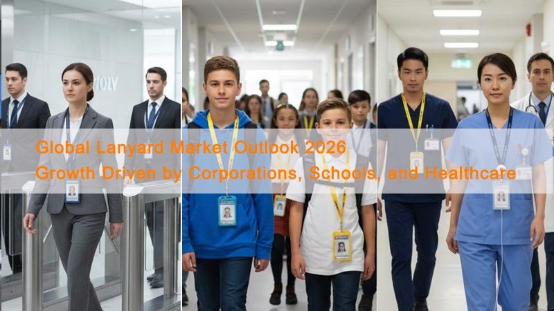 Global lanyard market 2026 hero image showing corporate, school, and healthcare ID badge use