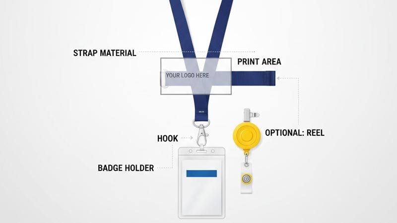 Diagram of lanyard components including strap, breakaway clasp, hook, and badge holder