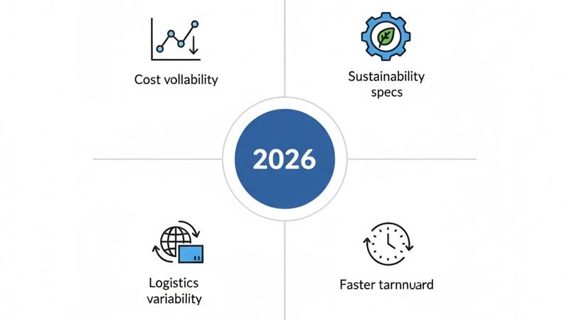 Infographic showing key lanyard market forces in 2026: costs, sustainability, faster lead times, and logistics