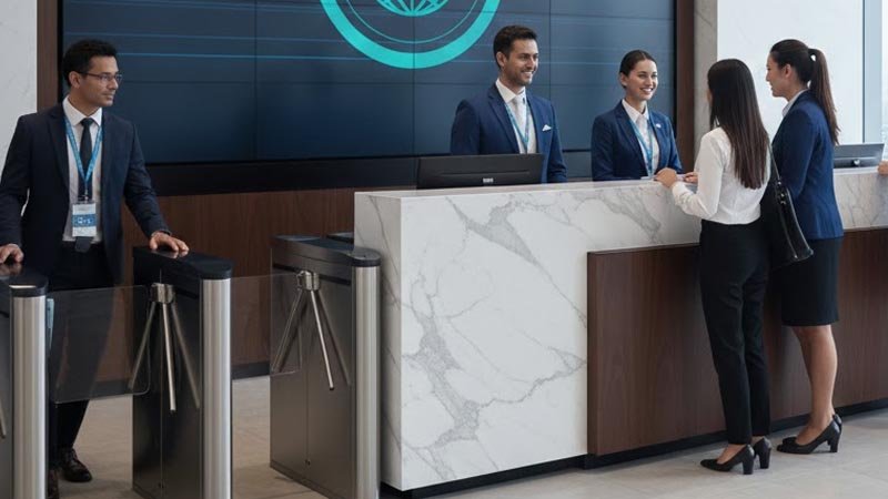 Corporate employees wearing ID badges on branded lanyards for access control and events