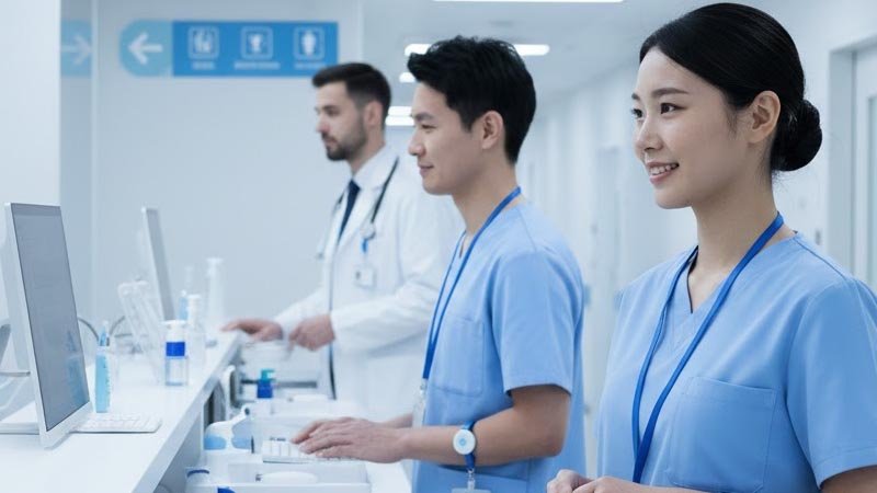 Healthcare staff wearing ID badges with reels and easy-clean lanyards in a hospital setting