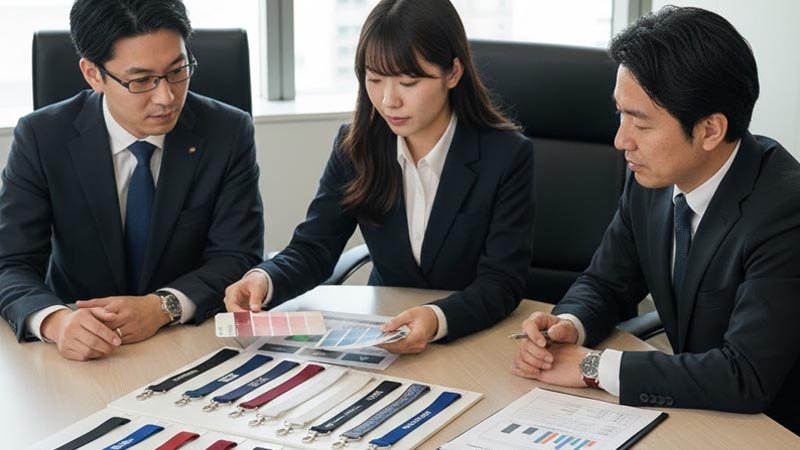 Procurement team reviewing lanyard samples, QC checklist, and lead-time options
