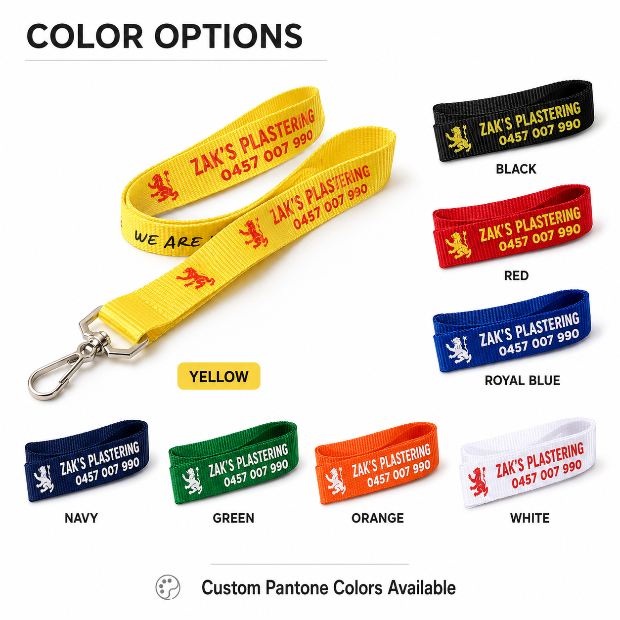 Yellow and custom color polyester screen printed lanyards