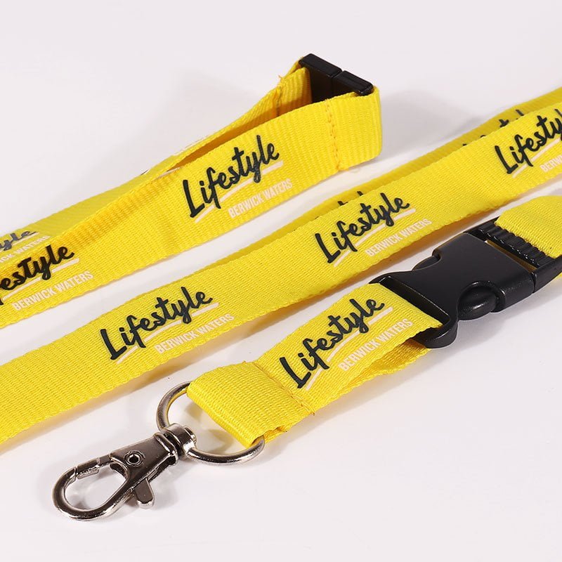 Bulk polyester lanyards with crisp screen printed logo, breakaway safety buckle and quick release for events and schools