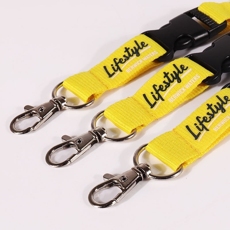 Silk screen logo lanyard with breakaway safety buckle and quick release connector, durable polyester strap MOQ 100pcs