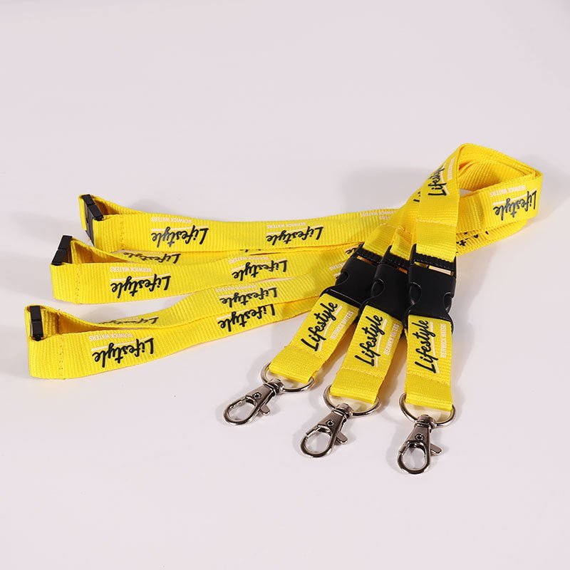 Polyester screen printed lanyards with safety breakaway buckle and quick-release detachable buckle, custom logo and metal hook