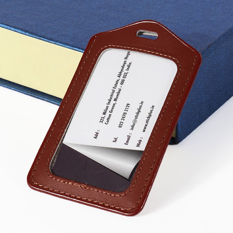 PU leather ID badge sleeve with transparent window film, protects cards and shows information clearly