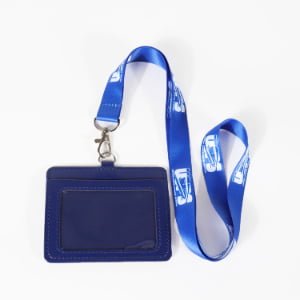 Polyester lanyard with detachable buckle and leather ID card holder, custom logo printing
