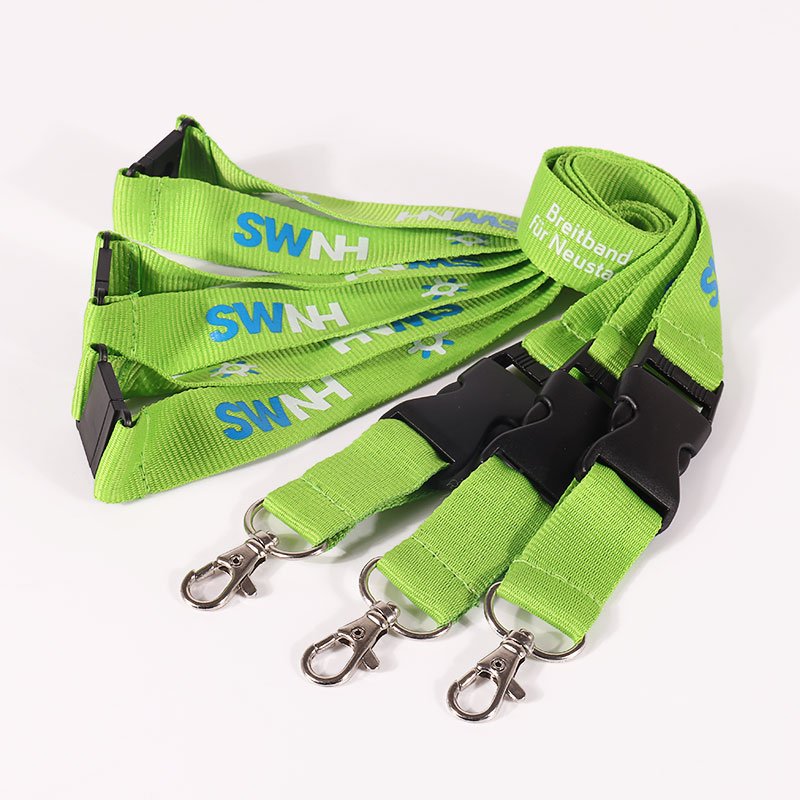 Bulk nylon lanyards with clear screen printed logo and safety buckle, premium finish for offices schools and venues