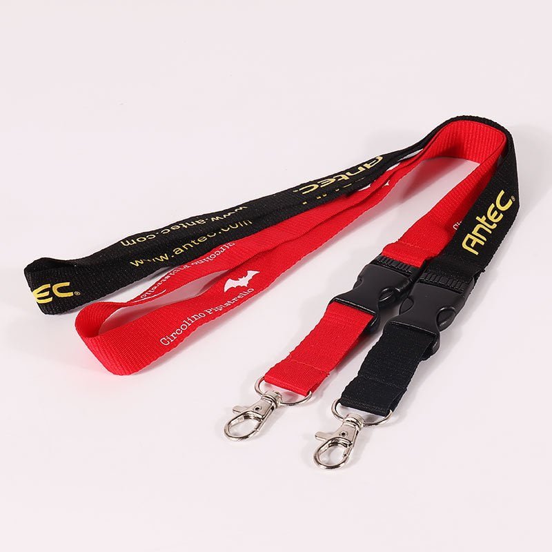 Silk screen logo lanyard with breakaway safety buckle and quick release connector, durable polyester strap MOQ 100pcs