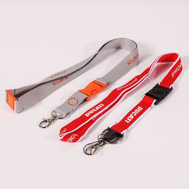 Polyester screen printed lanyards with safety breakaway buckle and quick-release detachable buckle, custom logo and metal hook