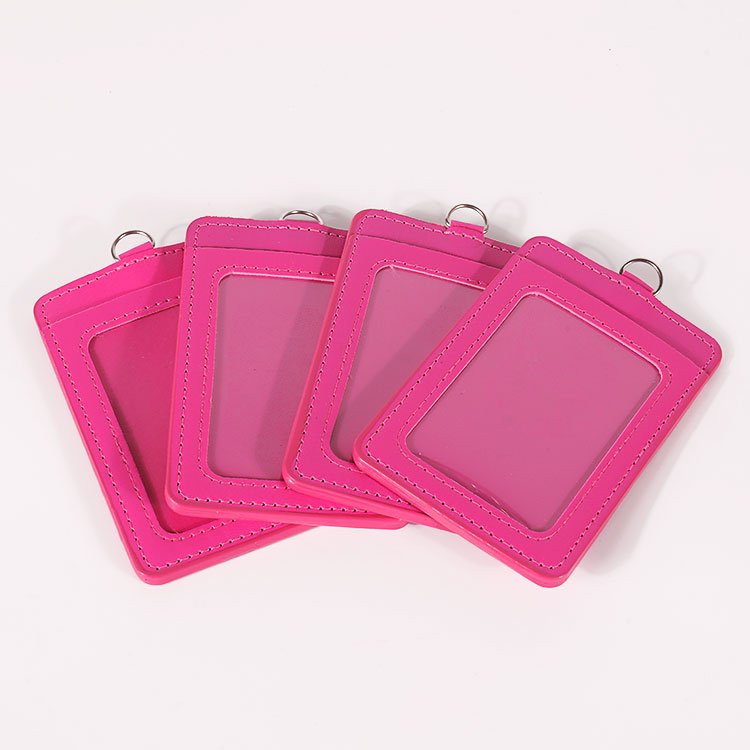 PU leather ID card holder with clear transparent window, durable stitched badge sleeve for lanyards