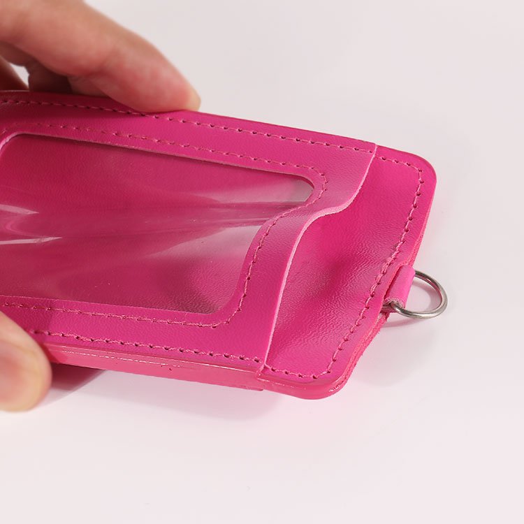 Pink PU leather badge holder with clear window, durable card sleeve for office and events