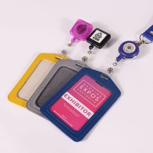 PU leather ID badge sleeve with transparent window film, protects cards and shows information clearly