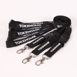 Custom-designed polyester lanyard with screen-printed logo, featuring a metal lobster clip.
