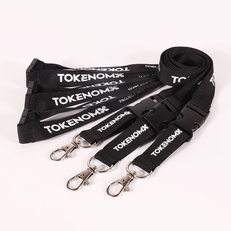 Custom-designed polyester lanyard with screen-printed logo, featuring a metal lobster clip.