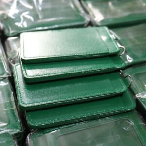 PU leather ID badge sleeve with transparent window film, protects cards and shows information clearly