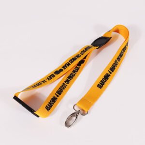 Yellow polyester screen printed lanyard with black logo and metal hook