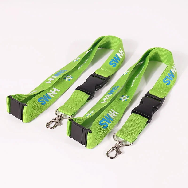 custom green logo lanyards with black plastic buckles and metal attachments