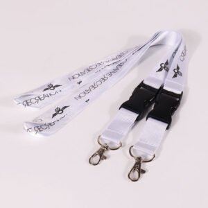 White screen printed lanyards with black safety breakaway connectors