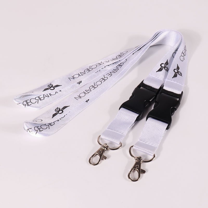 White screen printed lanyards with black safety breakaway connectors