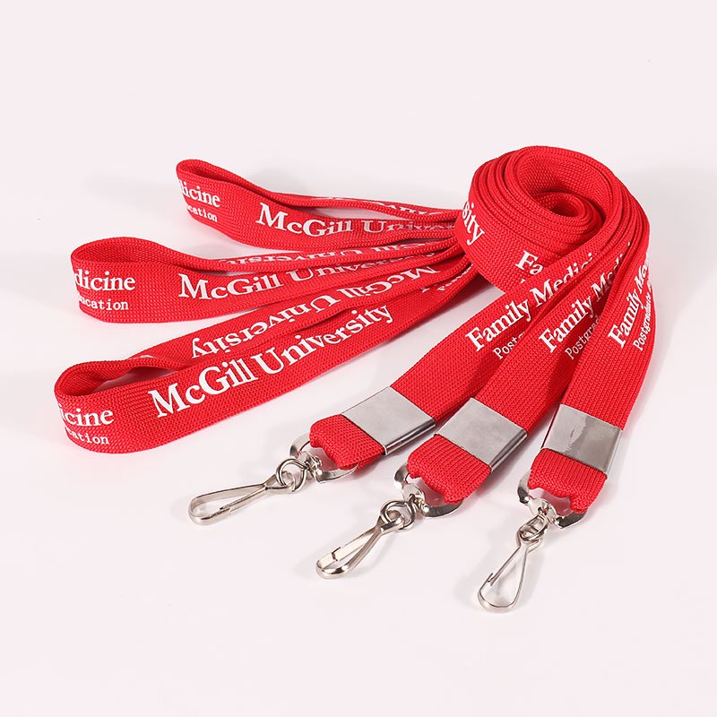 Red custom screen printed polyester lanyards with white logos