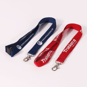 Red and navy screen printed lanyards with safety breakaway buckles