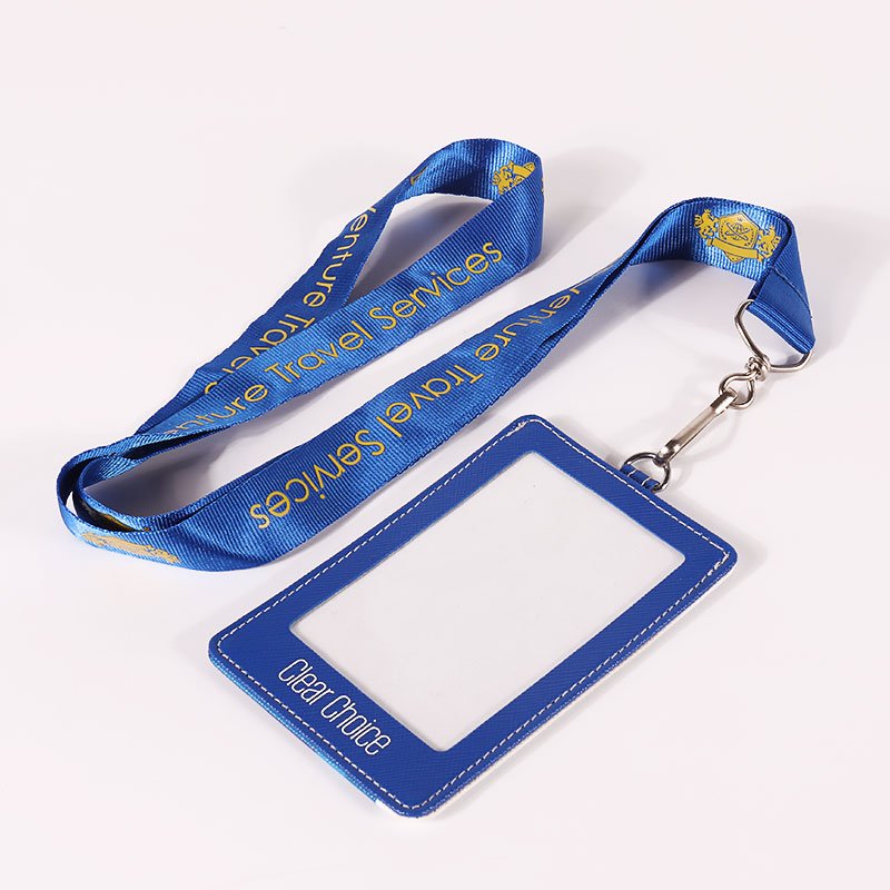 Blue custom printed lanyard with ID badge holder and metal hook