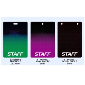 Bulk punched PVC cards with round hole design, custom printed text and logo for staff and visitor badges