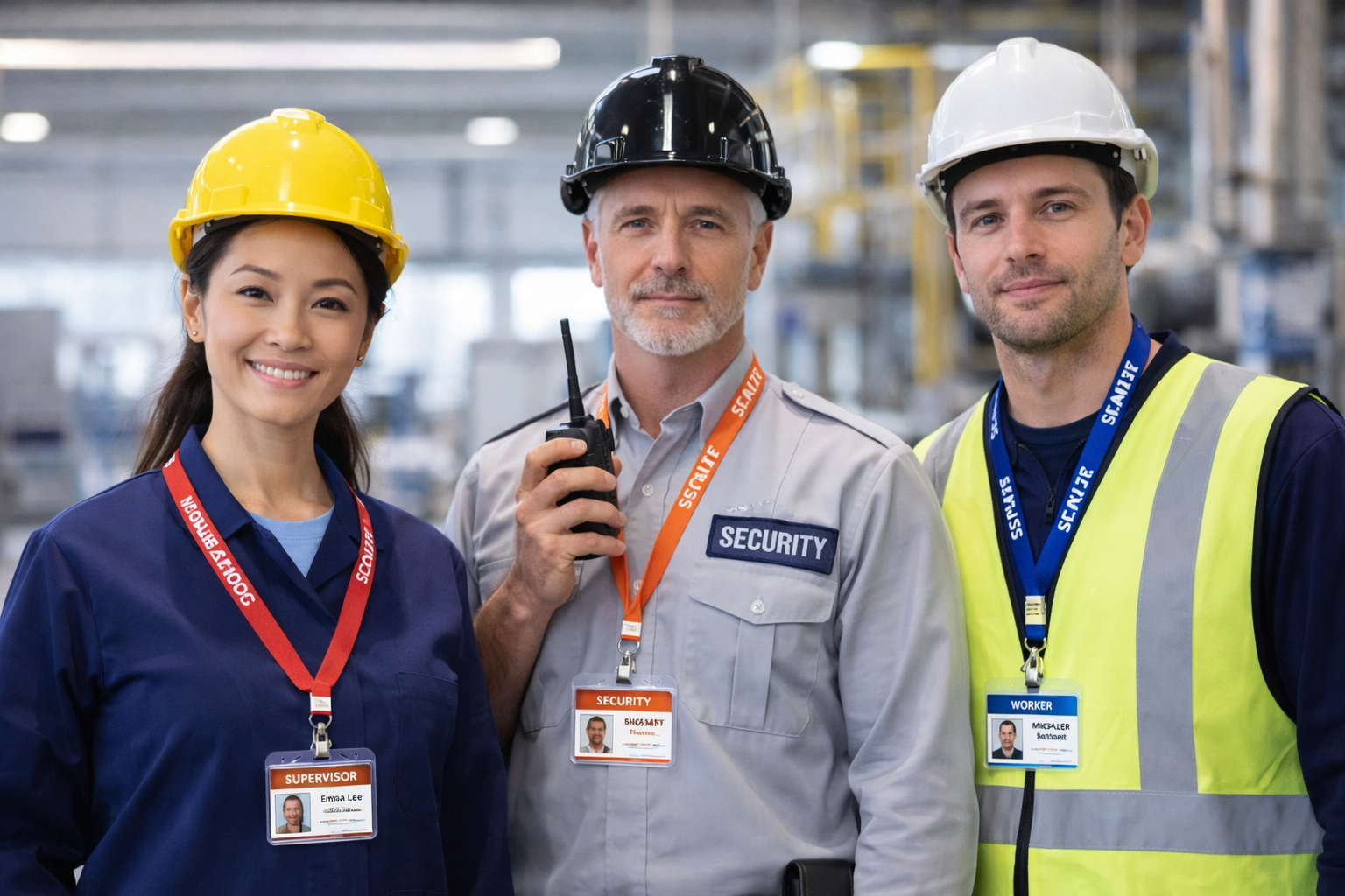Industrial workplace ID badges and security lanyards