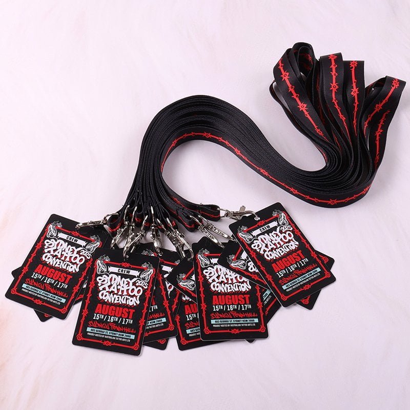 Custom event badge lanyards with QR code PVC cards, MOQ 100pcs