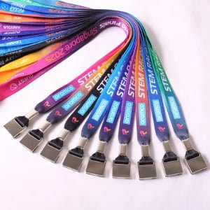 Bulk lanyard badge set with heat transfer printed logos, polyester lanyards and event ID credentials for exhibitions