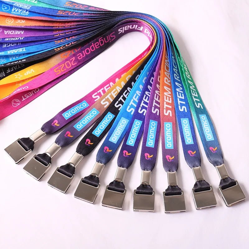 Bulk lanyard badge set with heat transfer printed logos, polyester lanyards and event ID credentials for exhibitions