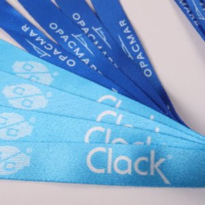 Eco-friendly RPET lanyard with two clips and detachable buckle, heat transfer printed branding for event badges