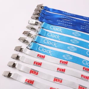 Premium double hook RPET lanyards with quick-release buckle, full-color heat transfer printed logo and metal clips