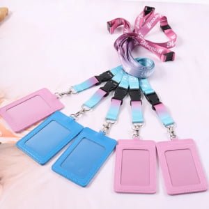 Custom heat transfer printed polyester lanyard with leather badge holder for ID cards