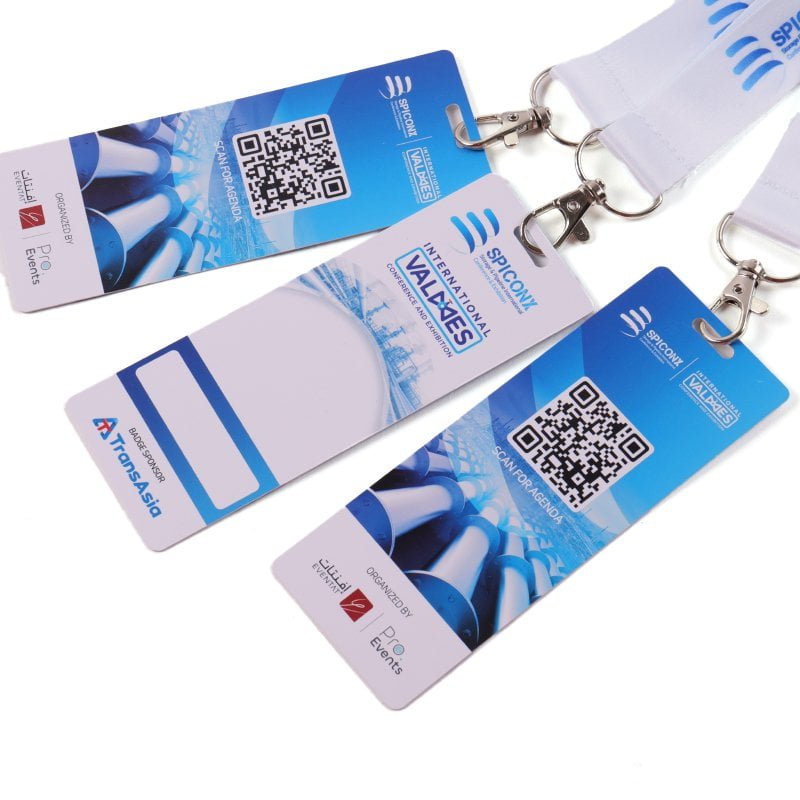 Exhibition badge lanyards with polyester heat transfer logo and PVC event cards