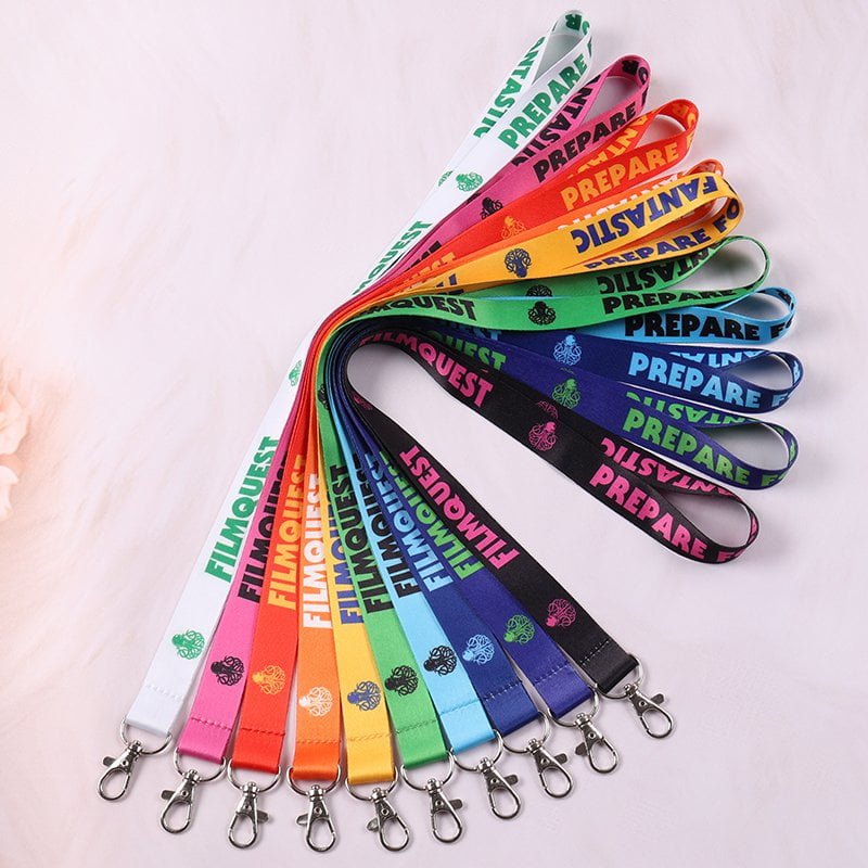 Standard polyester lanyard with heat transfer printed custom logo, lobster clip attachment, available in various colors