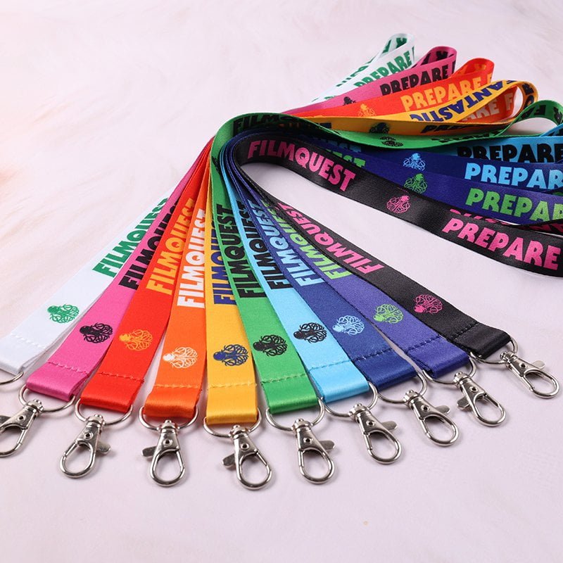 Standard polyester lanyard with heat transfer printed custom logo, lobster clip attachment, available in various colors