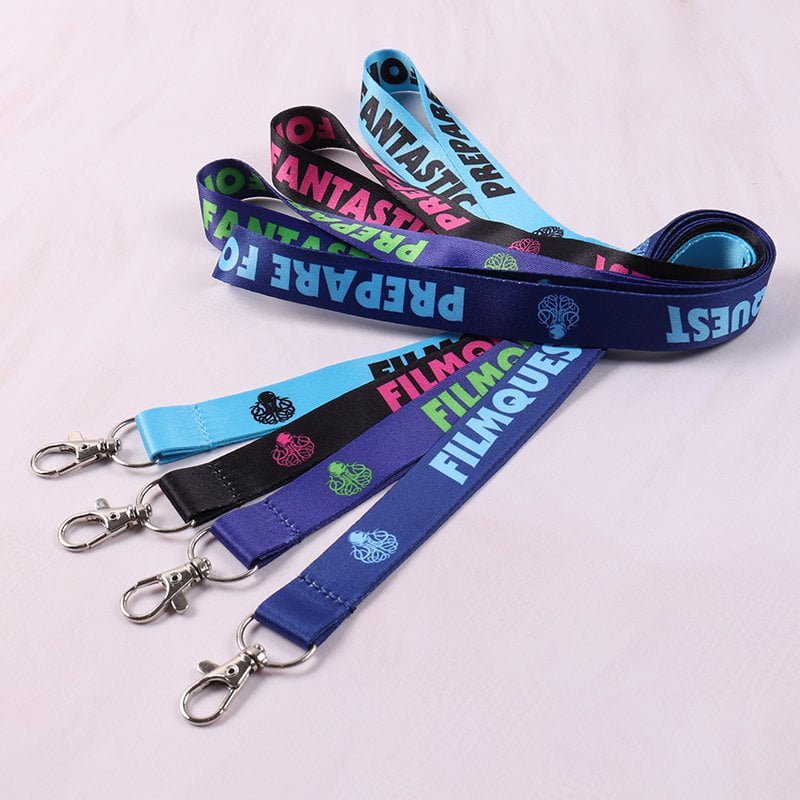 Standard polyester lanyard with heat transfer printed custom logo, lobster clip attachment, available in various colors