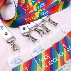 Heat transfer printed phone lanyard with vivid rainbow design, branded polyester strap lanyard for events and promotions